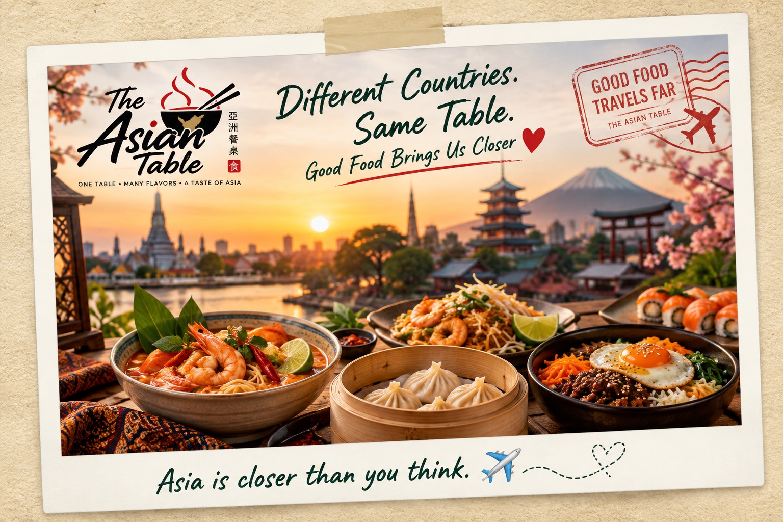 The Asian Table postcard featuring Asian dishes, landmarks, and the message Different Countries, Same Table